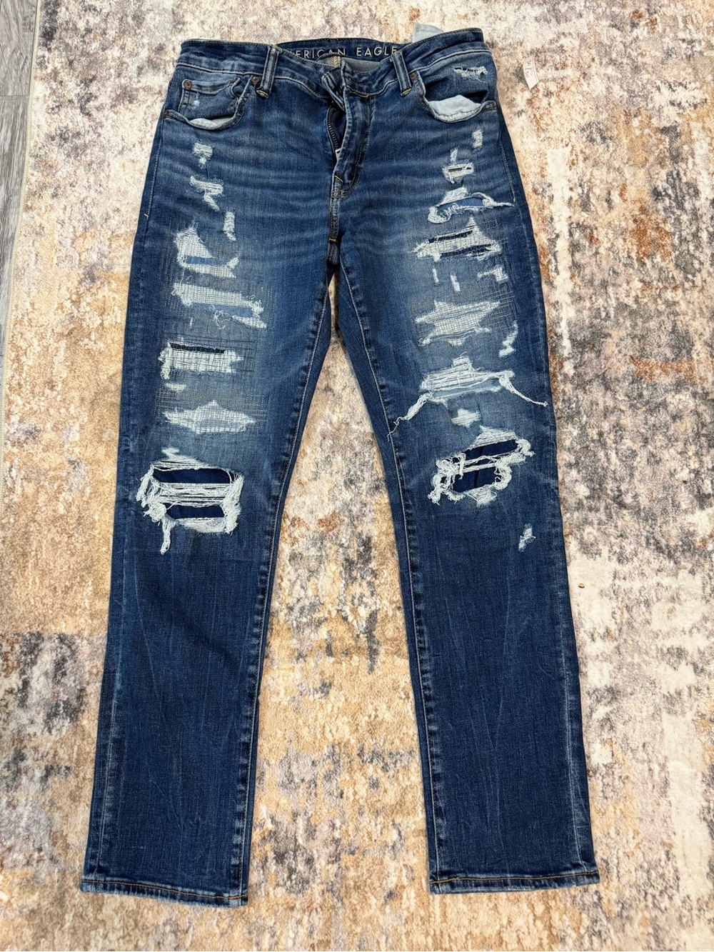 American Eagle Outfitters Navy Blue Distressed Slim Straight Jeans